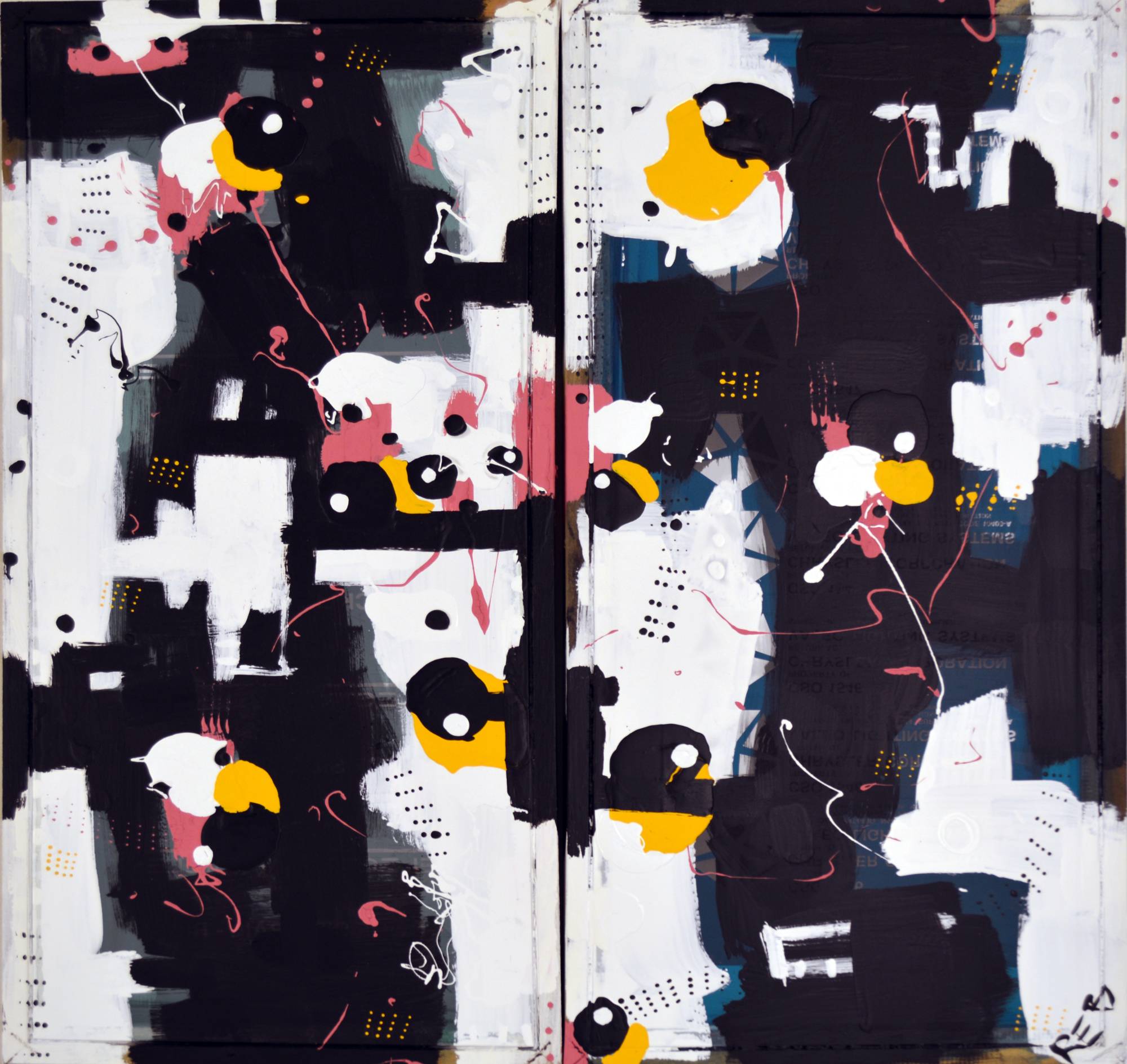 abstract painting in black, white, yellow, and pink